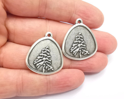 Winter Mountain Landscape Pine Tree Oval Pendant Charms Antique Silver Plated Charms (29x26mm) G26622