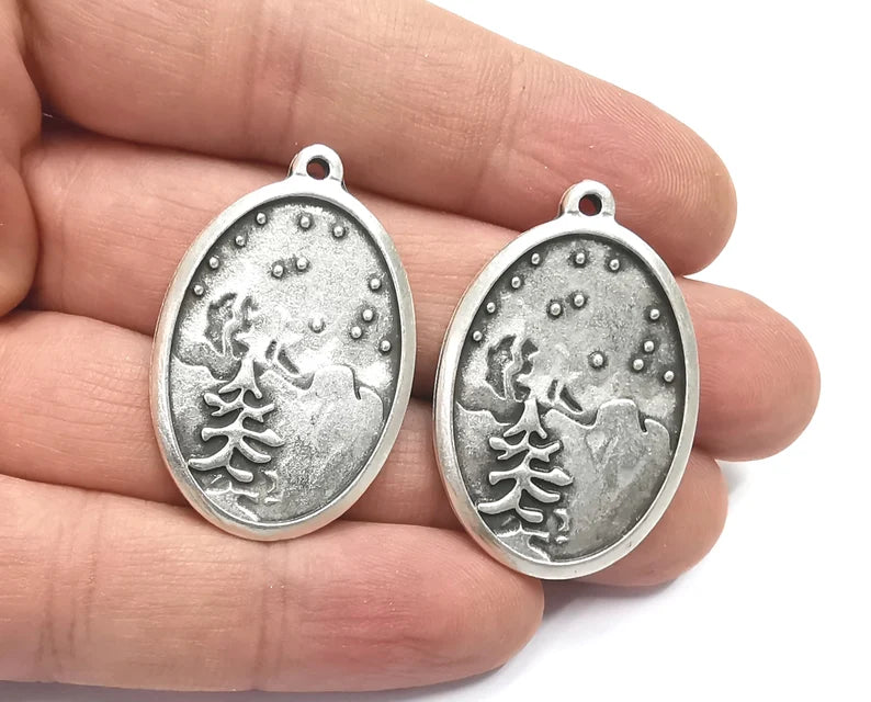 2 Winter Mountain Landscape Pine Tree Oval Pendant Charms Antique Silver Plated Charms (38x35mm) G26618