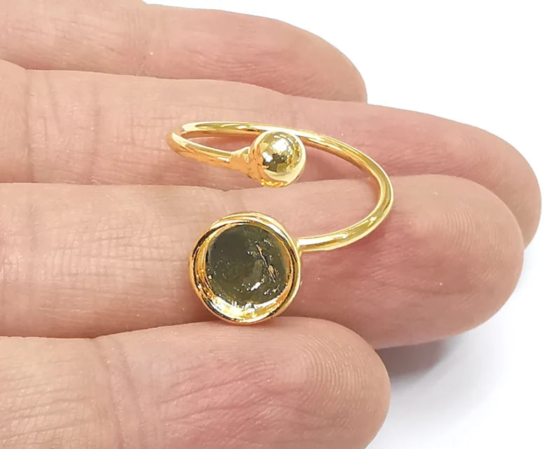 Shiny Gold Ball Ring Bezels Settings Resin Backs Cabochon Mounting Gold Plated Brass Adjustable Ring Base (8mm blank) G26627