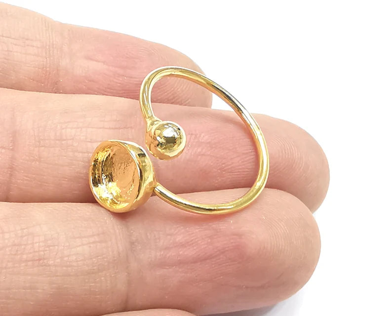 Shiny Gold Ball Ring Bezels Settings Resin Backs Cabochon Mounting Gold Plated Brass Adjustable Ring Base (8mm blank) G26627