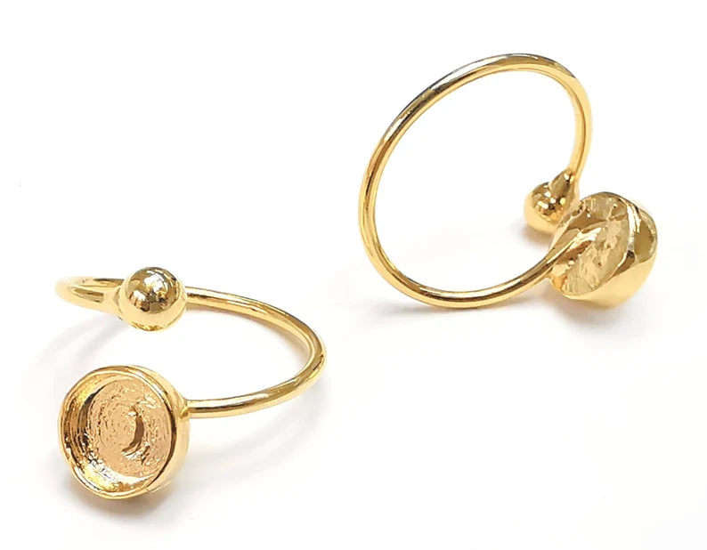 Shiny Gold Ball Ring Bezels Settings Resin Backs Cabochon Mounting Gold Plated Brass Adjustable Ring Base (8mm blank) G26627