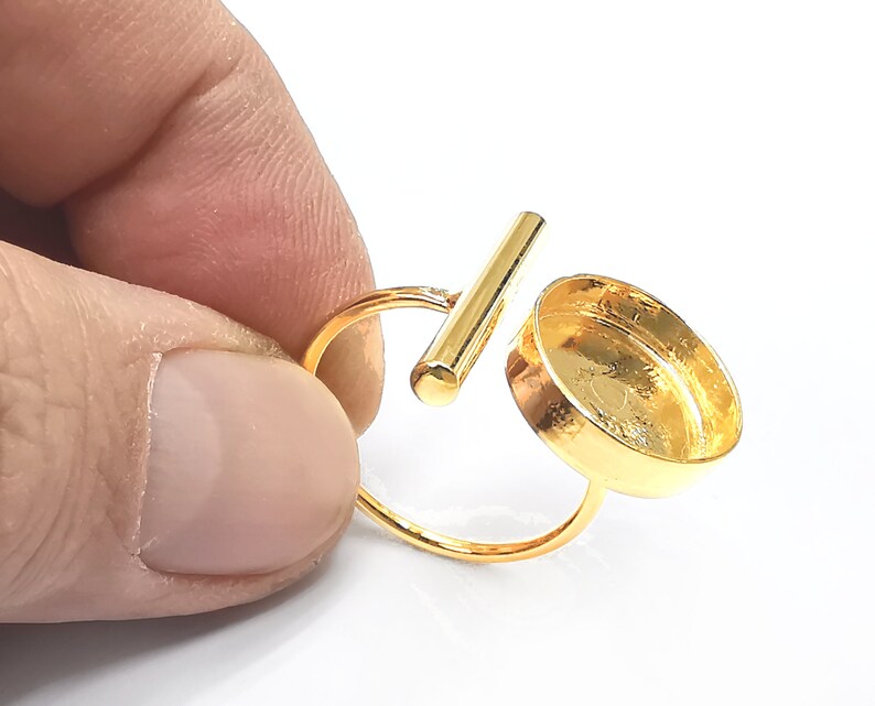 Shiny Gold Rod Bar Ring Bezels Settings Resin Backs Cabochon Mounting Gold Plated Brass Adjustable Ring Base (14mm blank) G26628