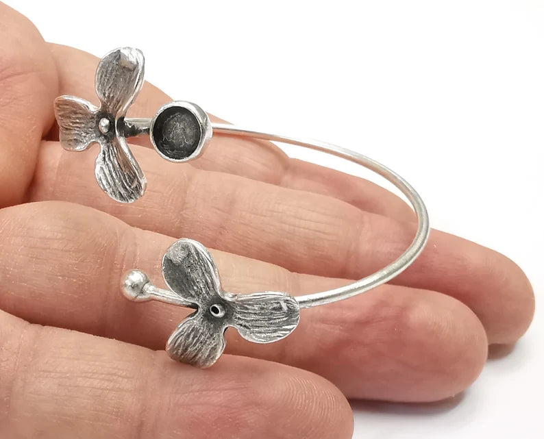 Flower Flowers Silver Bracelet Blank Resin Cuff Dry Bezel Cabochon Base Adjustable Antique Silver Plated Brass (6mm Blank) G26846
