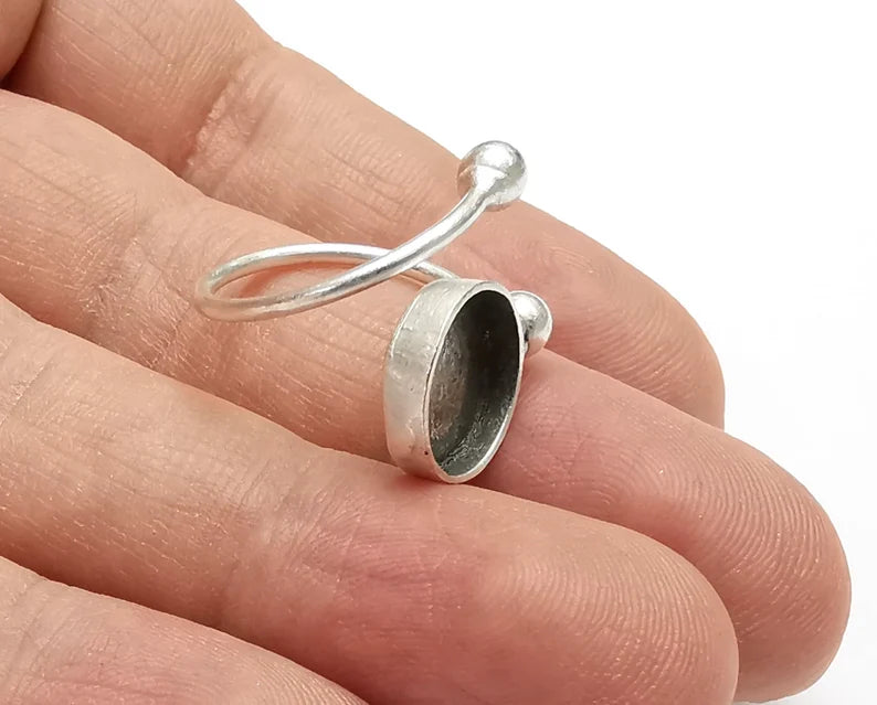 Wrap Round Blank Silver Ring Setting Cabochon Mounting Adjustable Base Bezel Antique Silver Plated Brass (12mm blank) G26847