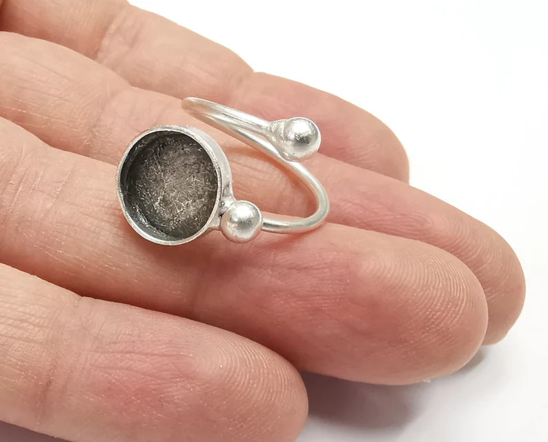 Wrap Round Blank Silver Ring Setting Cabochon Mounting Adjustable Base Bezel Antique Silver Plated Brass (12mm blank) G26847