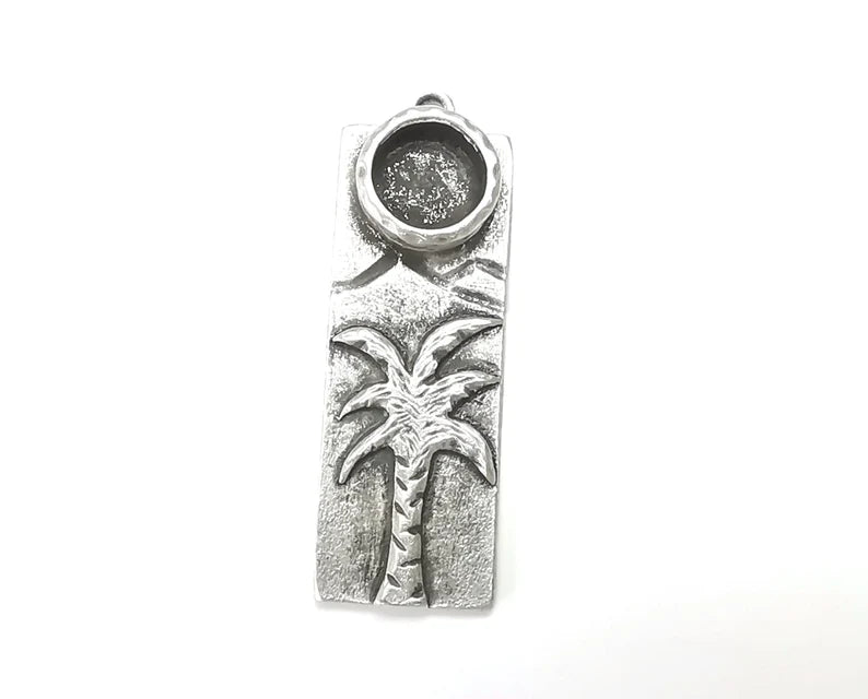 Mountain Palm Tree Pendant Blank Resin Bezel Mosaic Mountings Cabochon Setting Antique Silver Plated (48x17mm)(10mm Blank) G26850