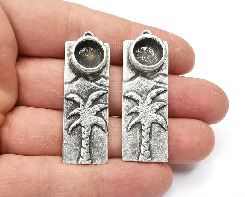 Mountain Palm Tree Pendant Blank Resin Bezel Mosaic Mountings Cabochon Setting Antique Silver Plated (48x17mm)(10mm Blank) G26850