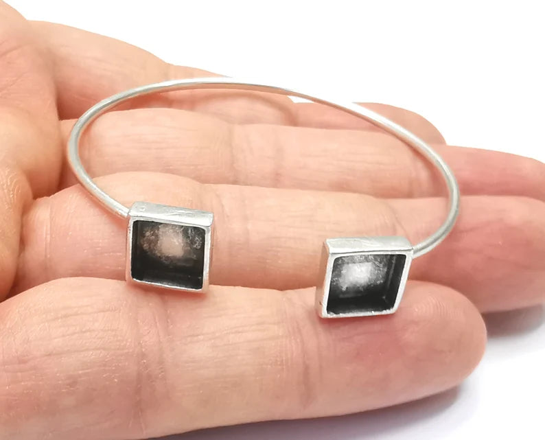 Square Blank Bracelet Resin Cuff Dry Bezel Cabochon Base Adjustable Antique Silver Plated Brass (8mm Blanks) G26852