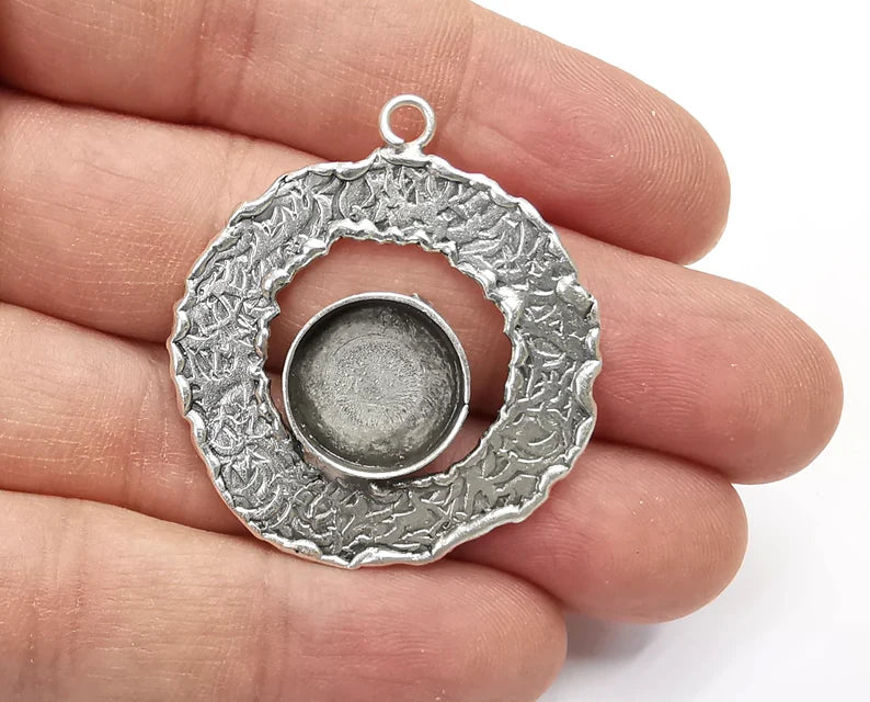 Circle Branch Textured Pendant Blank Resin Bezel Mosaic Mountings Cabochon Setting Antique Silver Plated (41x36mm)(14mm Blank) G26855