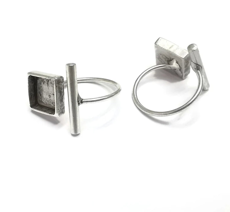 Ring Blanks Silver Rod Square Ring Setting Cabochon Mounting Adjustable Ring Base Bezel Antique Silver Plated Brass (10mm Blanks) G26636