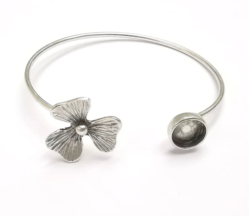 Silver Flower Bracelet Blank Cuff Bezel Cabochon Base Resin Mountings Adjustable Antique Silver Plated Brass (8mm Blanks) G26642