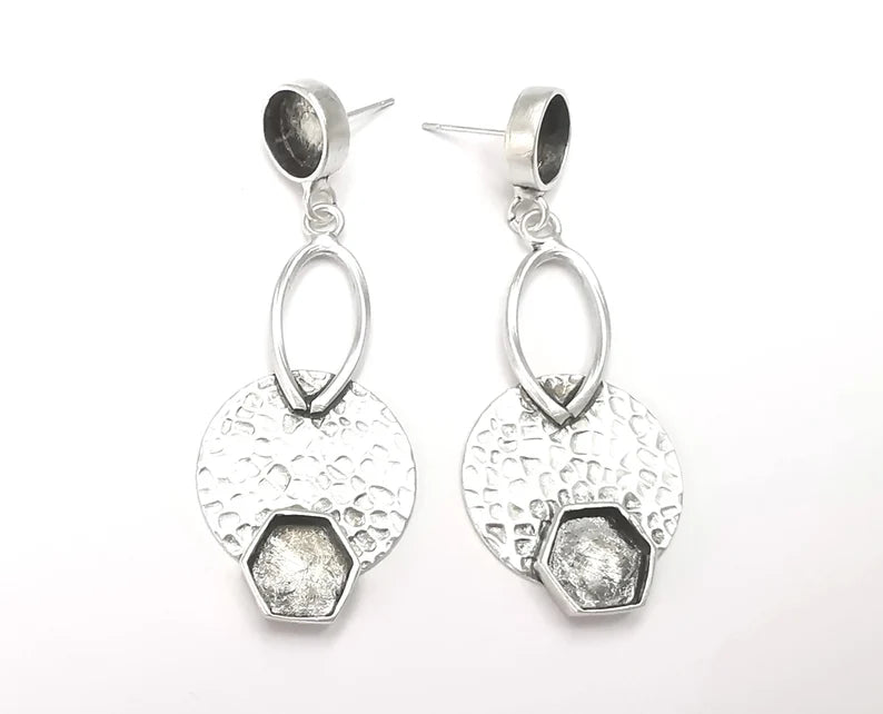 Hammered Disc Dangle Earring Set Base Wire Antique Silver Plated Brass Earring Base (62x24mm) (10mm blanks) G26652