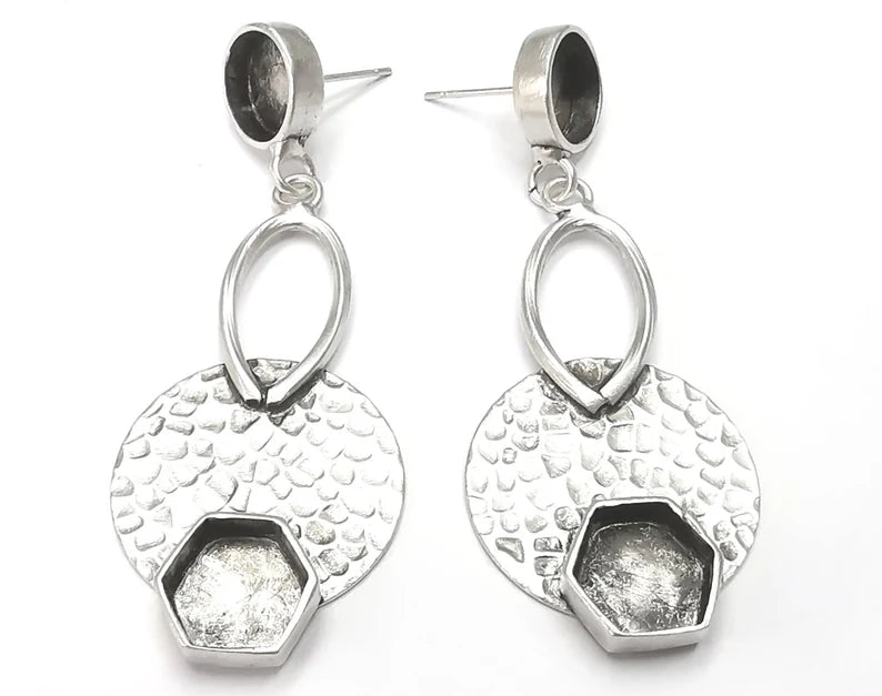 Hammered Disc Dangle Earring Set Base Wire Antique Silver Plated Brass Earring Base (62x24mm) (10mm blanks) G26652