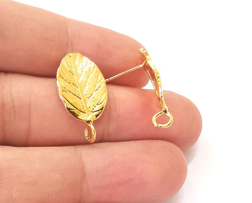 2 Veined lead earring stud base Shiny gold plated brass earring 1 pair (25x14mm) G25655