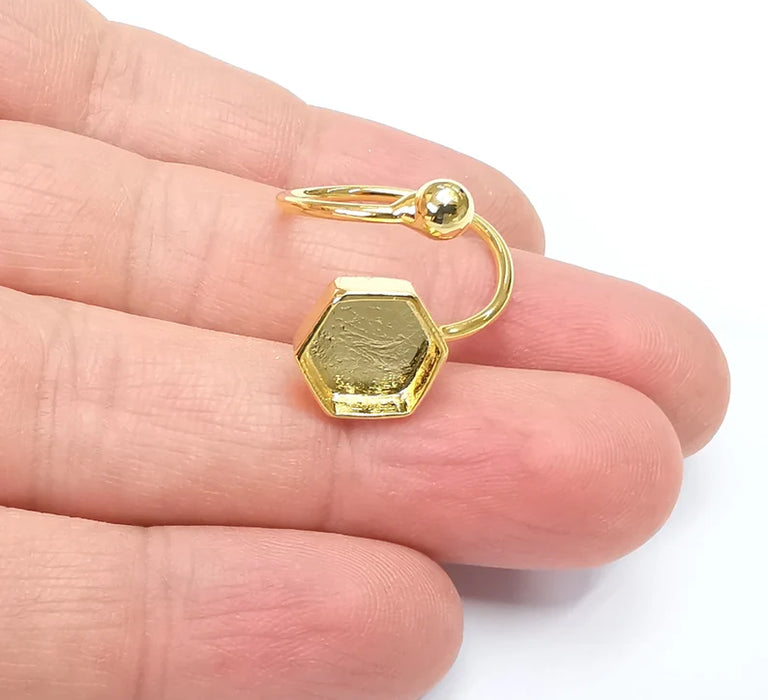 Ball Head Hexagonal Shiny Gold Ring Bezels Settings Resin Backs Cabochon Mounting Gold Plated Brass Adjustable Ring Base (10mm blank) G26661