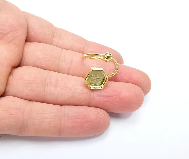 Ball Head Hexagonal Shiny Gold Ring Bezels Settings Resin Backs Cabochon Mounting Gold Plated Brass Adjustable Ring Base (10mm blank) G26661