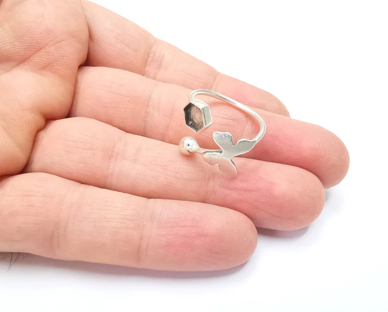 Butterfly Hexagon Ring Blanks Silver Ball Head Ring Setting Cabochon Mounting Adjustable Ring Base Bezel Antique Silver Plated Brass G26663