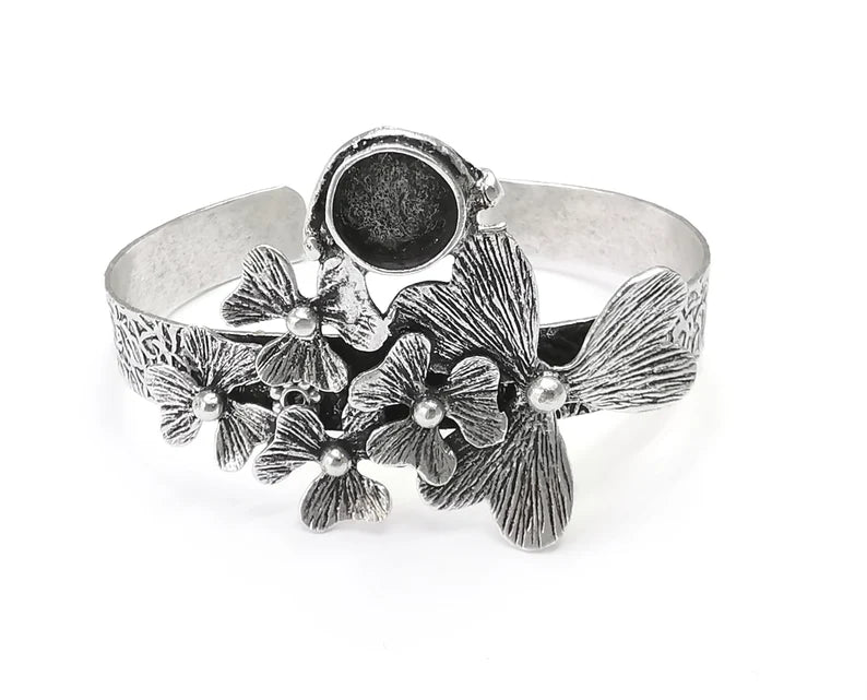 Flowers Silver Bracelet Blank Resin Cuff Dry Bezel Cabochon Base Adjustable Antique Silver Plated Brass (10mm Blank) G26863