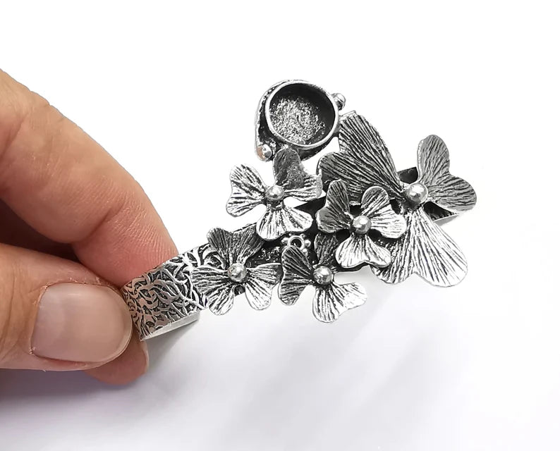 Flowers Silver Bracelet Blank Resin Cuff Dry Bezel Cabochon Base Adjustable Antique Silver Plated Brass (10mm Blank) G26863