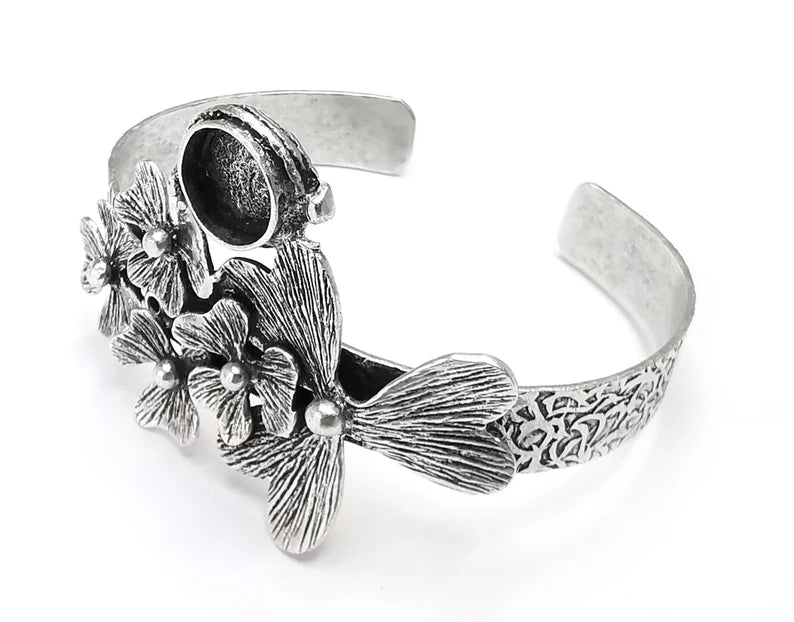 Flowers Silver Bracelet Blank Resin Cuff Dry Bezel Cabochon Base Adjustable Antique Silver Plated Brass (10mm Blank) G26863