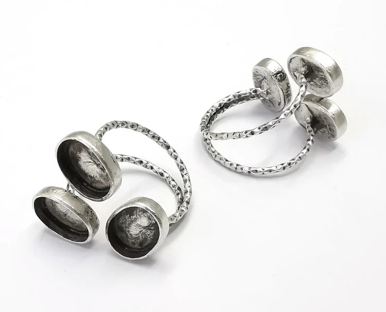 Textured Oval Silver Ring Setting Blank Cabochon Mounting Adjustable Ring Base Bezel Antique Silver Plated Brass (11x8 mm) G26864