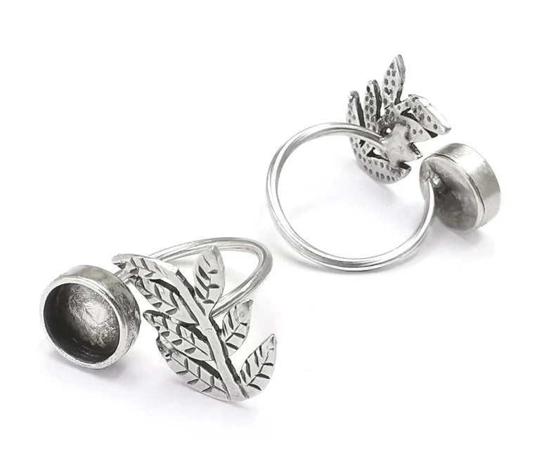 Leaf Branch Silver Ring Setting Blank Cabochon Mounting Adjustable Ring Base Bezel Antique Silver Plated Brass (10 mm) G26866