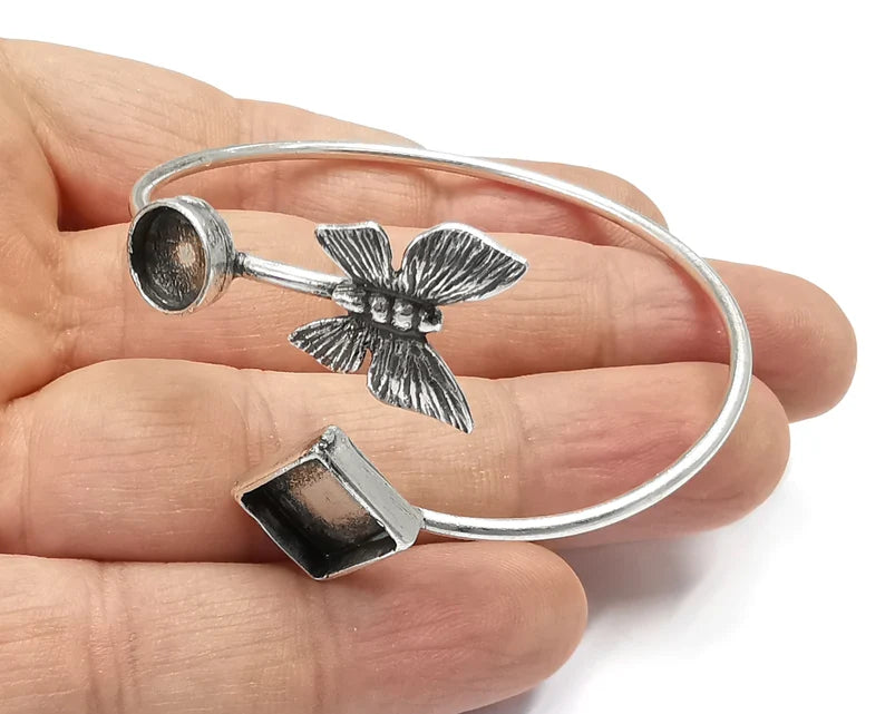 Silver Butterfly Bracelet Blanks Resin Cuff Dry Bezel Cabochon Base Adjustable Antique Silver Plated Brass (10 and 8mm Blanks) G26868