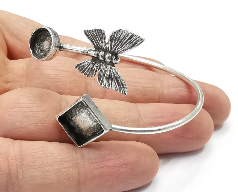 Silver Butterfly Bracelet Blanks Resin Cuff Dry Bezel Cabochon Base Adjustable Antique Silver Plated Brass (10 and 8mm Blanks) G26868