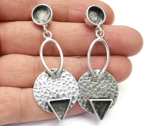 Hammered Disc Triangle Dangle Earring Set Base Wire Antique Silver Plated Brass (10mm Blanks ) G26870
