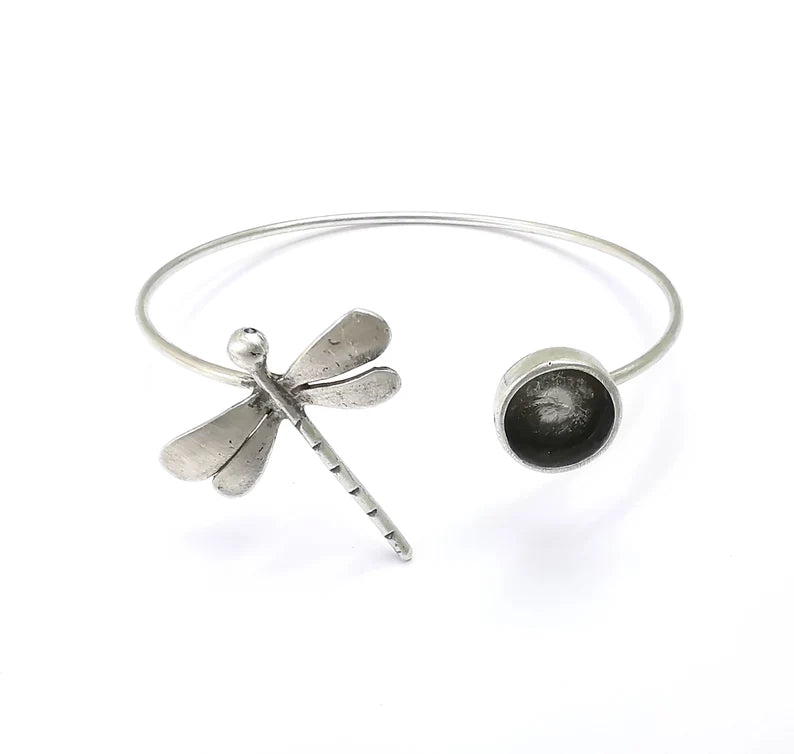 Dragonfly Silver Wire Bracelet Brass Cuff Blank Bezel Cabochon Base Adjustable Antique Silver Plated Brass (10mm blank) G26873