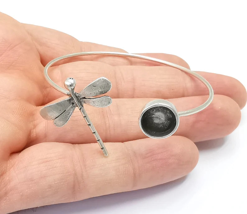 Dragonfly Silver Wire Bracelet Brass Cuff Blank Bezel Cabochon Base Adjustable Antique Silver Plated Brass (10mm blank) G26873