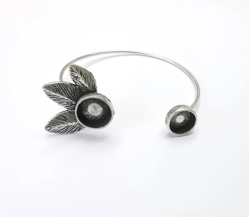 Silver Leaves Bracelet Blank Resin Cuff Dry Bezel Cabochon Base Adjustable Antique Silver Plated Brass ( 12mm - 10mm Blanks ) G26874