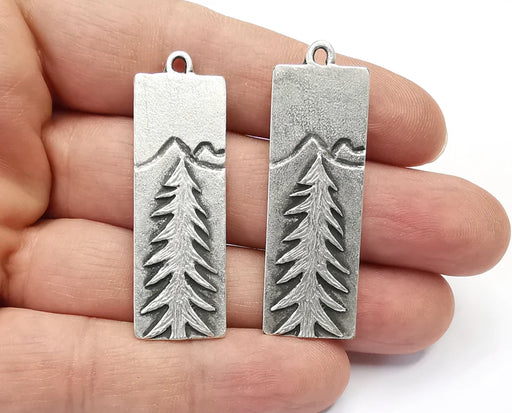 Pine Tree Landscape Mountain Charms Antique Silver Plated Charms (46x16mm) G26876