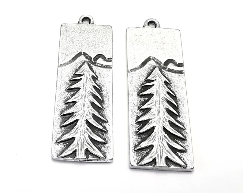 Pine Tree Landscape Mountain Charms Antique Silver Plated Charms (46x16mm) G26876