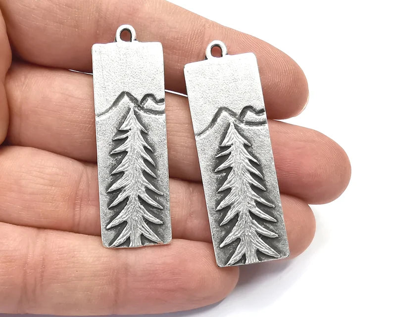 Pine Tree Landscape Mountain Charms Antique Silver Plated Charms (46x16mm) G26876