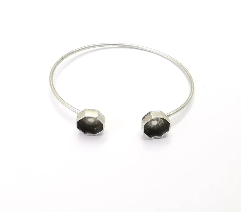 Silver Octagon Bracelet Blank Resin Cuff Dry Bezel Cabochon Base Adjustable Antique Silver Plated Brass (8mm Blanks) G26882