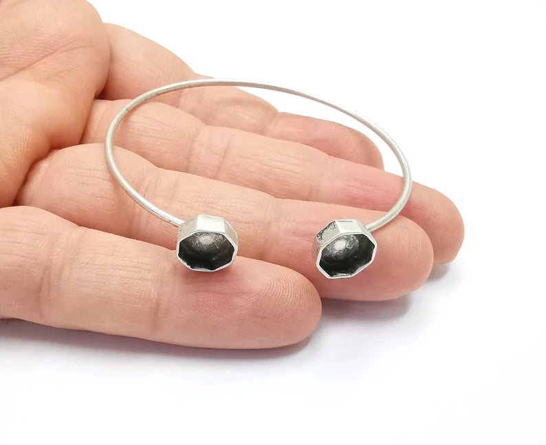 Silver Octagon Bracelet Blank Resin Cuff Dry Bezel Cabochon Base Adjustable Antique Silver Plated Brass (8mm Blanks) G26882