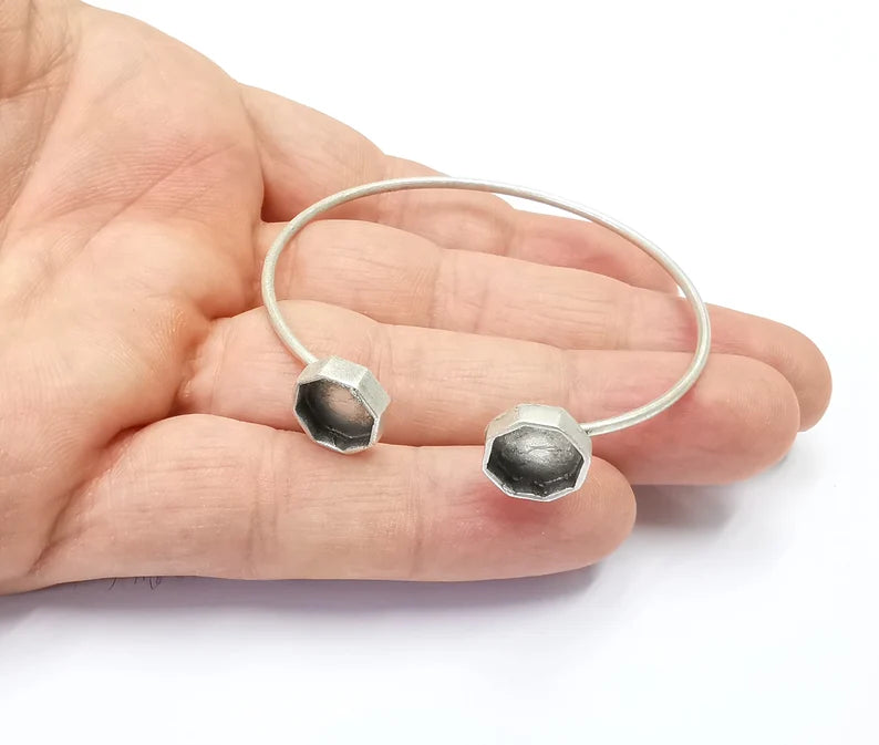 Silver Octagon Bracelet Blank Resin Cuff Dry Bezel Cabochon Base Adjustable Antique Silver Plated Brass (10mm Blanks) G26885