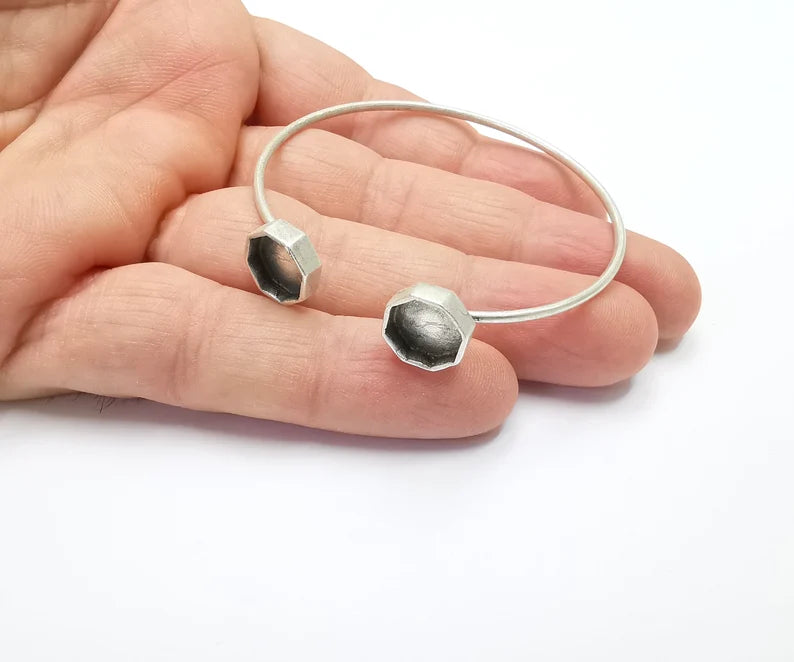 Silver Octagon Bracelet Blank Resin Cuff Dry Bezel Cabochon Base Adjustable Antique Silver Plated Brass (10mm Blanks) G26885