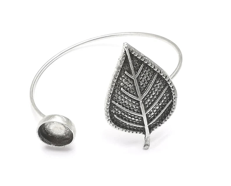 Leaf Bracelet Brass Cuff Blank Bezel Glass Cabochon Base Adjustable Antique Silver Plated Brass (12mm Blank ) G26890