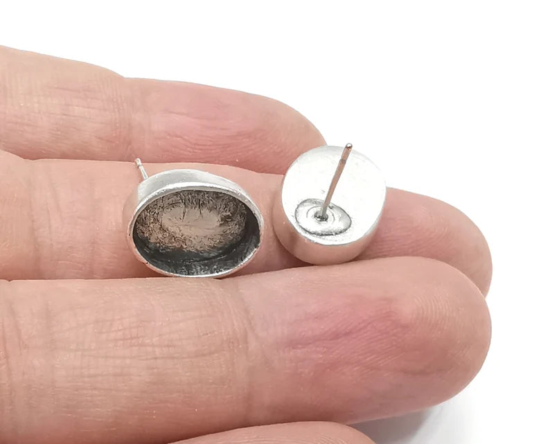 Oval Silver Earring Set Base Wire Antique Silver Plated Brass Earring Base (14x10mm blank) G26666