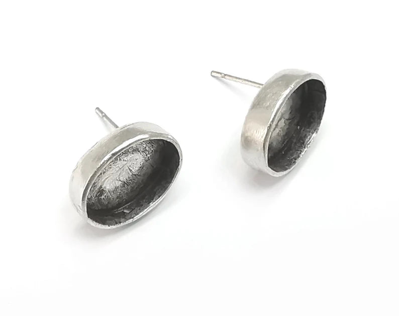 Oval Silver Earring Set Base Wire Antique Silver Plated Brass Earring Base (14x10mm blank) G26666