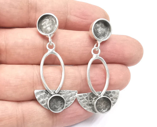 Semi Circle Hammered Disc Dangle Earring Set Base Wire Antique Silver Plated Brass Earring Base (52x24mm)(10mm blanks) G26667