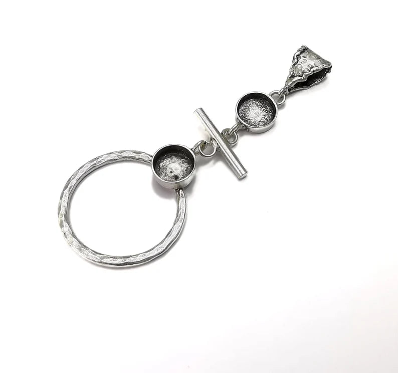 Circles Dangle Rod Pendant Blank Resin Bezel Mosaic Mountings Cabochon Setting Antique Silver Plated Brass ( 10mm Bezels ) G26668