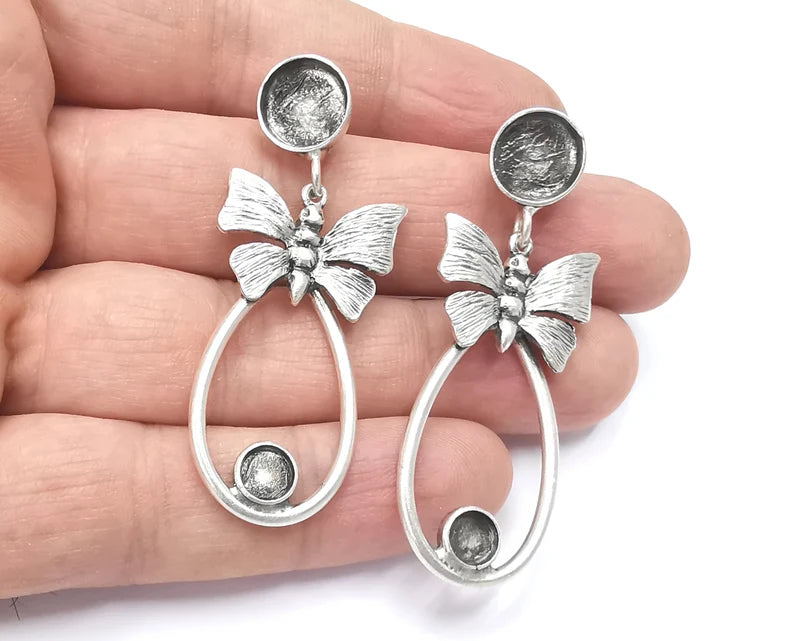 Butterfly Silver Dangle Earring Set Base Wire Antique Silver Plated Brass Earring Base (57mm) G26672
