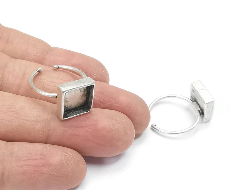 Ring Blanks Silver Square Ring Setting Cabochon Mounting Adjustable Ring Base Bezel Antique Silver Plated Brass (10x10mm Blank) G26676