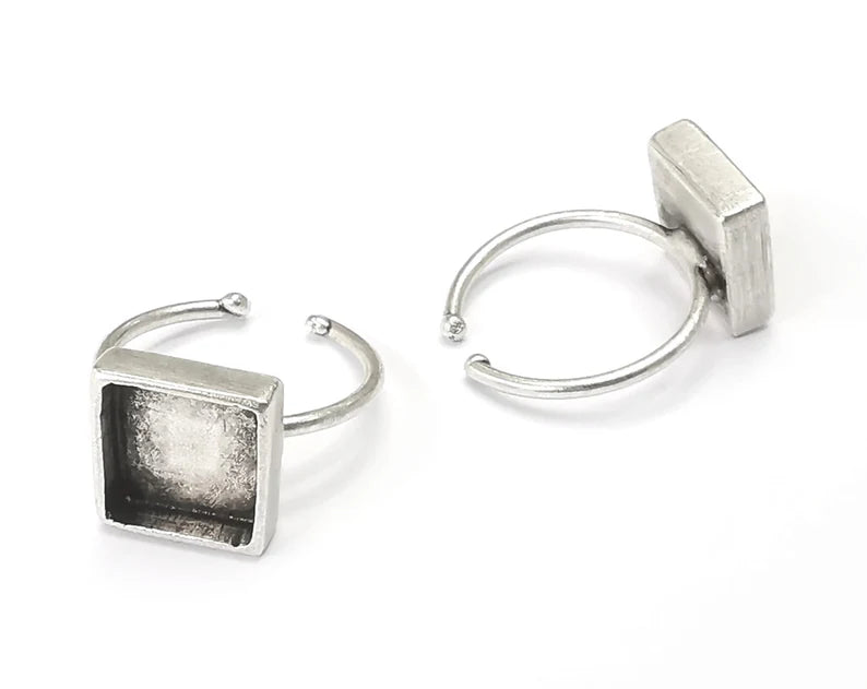 Ring Blanks Silver Square Ring Setting Cabochon Mounting Adjustable Ring Base Bezel Antique Silver Plated Brass (10x10mm Blank) G26676