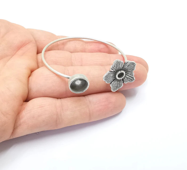 Silver Flower Bracelet Blank Cuff Bezel Cabochon Base Resin Mountings Adjustable Antique Silver Plated Brass ( 10mm Blank ) G26891