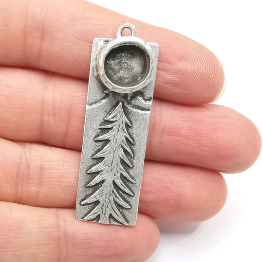 Mountain Pine Tree Pendant Blank Resin Bezel Mosaic Mountings Cabochon Setting Antique Silver Plated (49x16mm)(10mm Blank) G26898