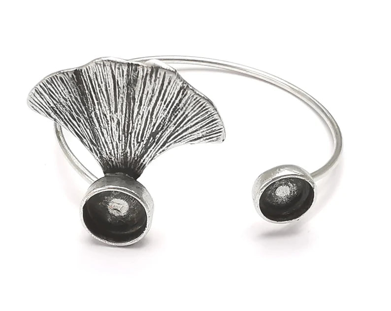 Ginkgo Leaf Bracelet Brass Cuff Blank Bezel Glass Cabochon Base Adjustable Antique Silver Plated Brass (10 and 8mm Blank ) G26902